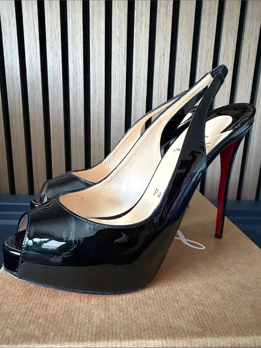 Christian Louboutin Black Patent Peep-Toe Platform Slingbacks